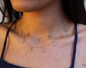 thin layered,dangle choker necklace,dainty thin choker, gold filled choker, sterling silver choker, dainty layered choker, Anthropologie