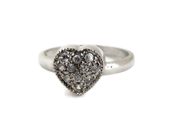 CZ Heart Ring, Vintage Sterling Silver Ring, Love Heart Ring, Size 7
