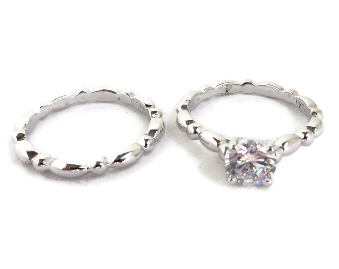 Topaz Wedding Ring Set, Vintage Topaz & Silver Bridal Set, Topaz Engagement Ring, Scalloped Bands, Size 8