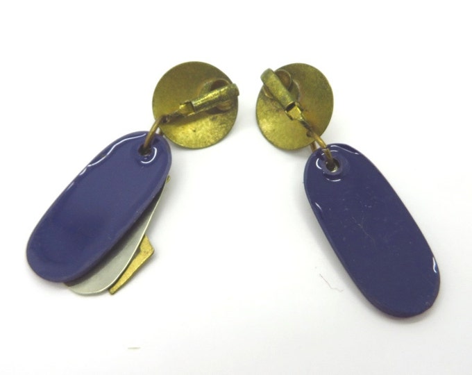Vintage MOD Dangling Earrings, Goldtone, Silvertone, Purple Clip-on Earrings