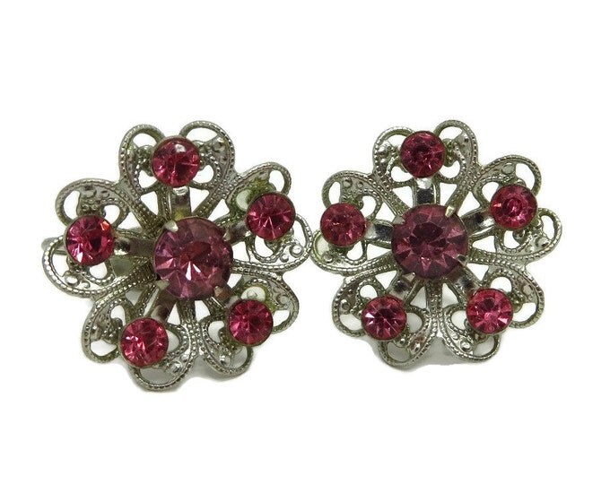 Vintage Pink Rhinestone Flower Earrings, Silvertone Screw Back Earrings