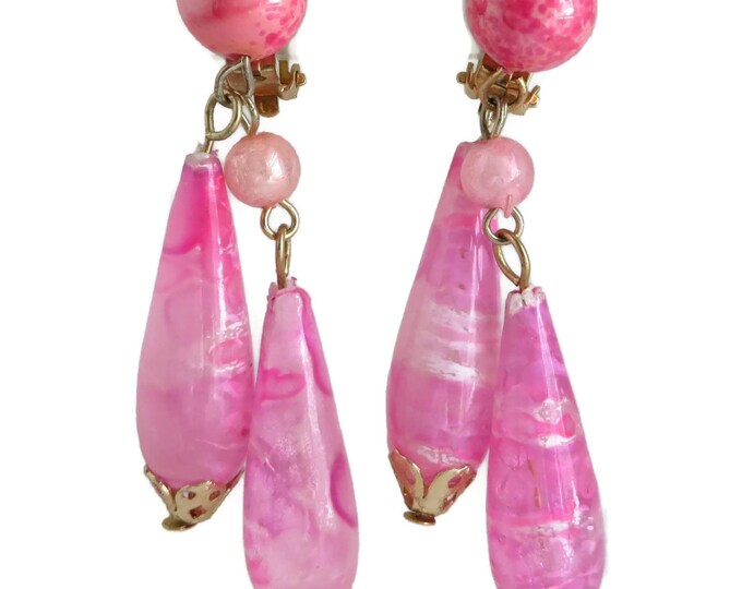 Vintage Pink Hong Kong Dangling Earrings, Teardrop Clip-on Earrings