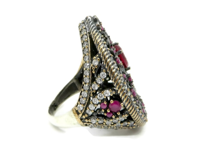 Vintage Ruby and Topaz Sterling Silver Ring, Pear Shaped Statement Ring, Size 8