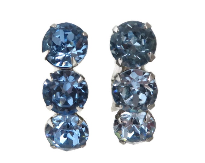 Blue Rhinestone Earrings Vintage Silver Tone Screwback Earrings, Bridal Jewelry