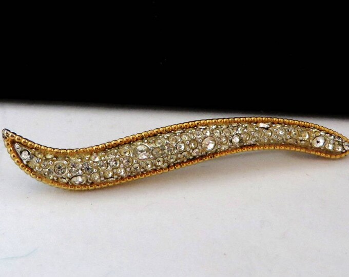 Hattie Carnegie Rhinestone Gold Tone Vintage Curved Bar Brooch