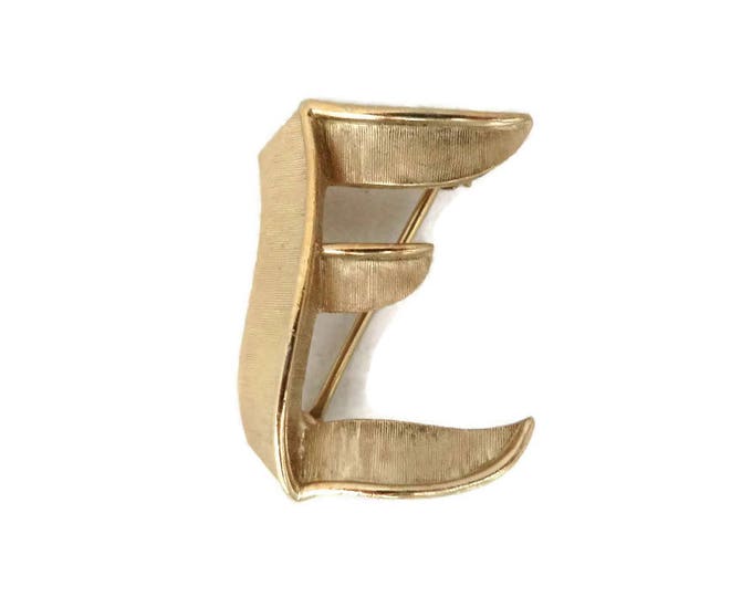 Vintage Initial Brooch, Trifari Monogrammed Brooch, Letter "E" Pin, Matte Gold Pin