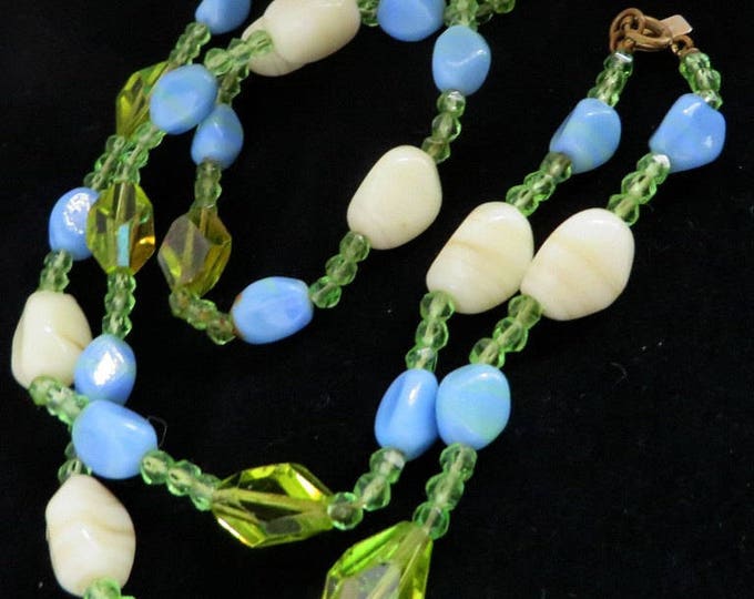 Hattie Carnegie Necklace Vintage Glass Bead Necklace, Signed Carnegie Necklace Blue, Green, Cream Art Glass Necklace, 29 inches Hattie Carnegie Necklace Vintage Glass Bead Necklace, Signed Carnegie Necklace Blue, Green, Cream Art Glass Necklace, 29 inches