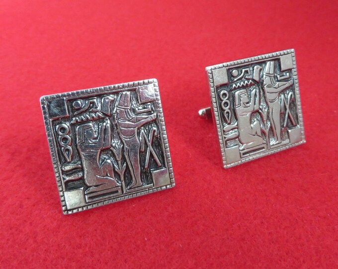 Silver Tone Etched Cufflinks Tie Tac Bar Set Vintage Egyptian Design Mens Gift Idea Fathers Day