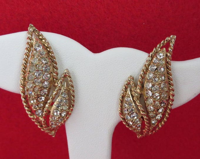 Bridal Earrings, Leaf Clip-ons, Signed Hattie Carnegie Rhinestone Earrings, Vintage Runway Bridal Jewelry Gift Idea
