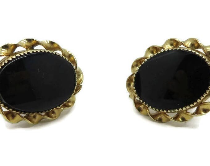 Earrings, Black Onyx Earrings, Gold Filled Earrings Vintage 1/20 12K GF Faux Onyx Screw Back Earrings, Gift for Her