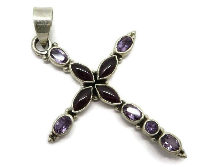 Sterling Silver Gemstone Cross Pendant, Vintage Amethyst, Garnet Pendant Necklace Gift Idea