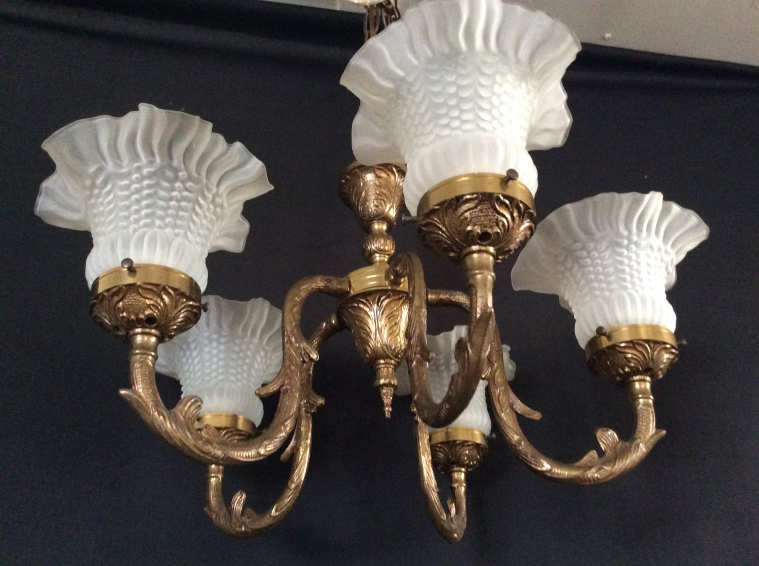 Vintage Antique French Original Brass Chandelier 5 Shade 1930s - 1940s