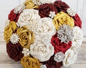 Paper Flower wedding bouquet roses red bordeaux burgundy gold book page harry pottervintage brooch fairy-tale winter princess theme bridal