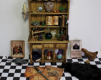 Miniature Elder Scrolls Skyrim Oblivion inspired Cabinet and accessories in 1:12 scale
