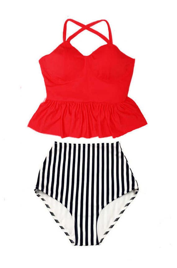 Red Long Peplum Straps Top and Stripe Stripes High Waist