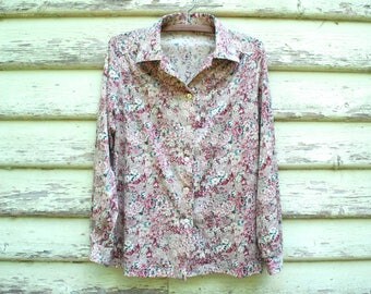 Vintage 70s Floral Blouse Retro Boho Hippie Shirt Long Sleeve Pink Vtg 1970s Size S-M