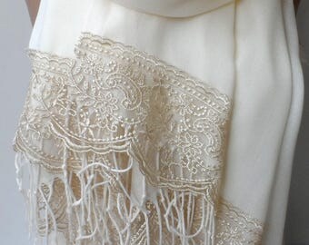 Bridesmaid pashmina shawls in Cream with Champange French Lace Ivory Pashmina Lace Scarf Women Wedding wraps Feminine Lightweight Soft