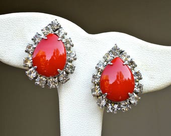 Red Glass Teardrop & Rhinestone Earrings Vintage