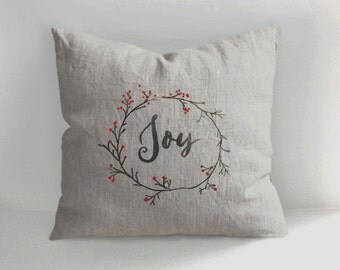 Joy Pillow - Christmas PIllow - Handmade Linen Pillow Cover - Decorative - Throw Pillow Cover - Light Oatmeal Natural Linen - Cushion Cover