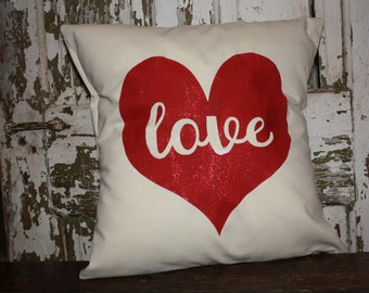 Love Heart Valentine Pillow Cover, Valentine Throw Pillow, 16x16 Burlap or Canvas