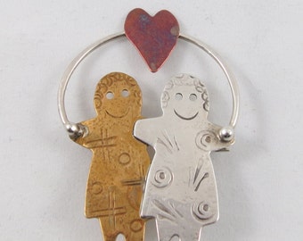 Signed designer Roggio silver sterling brass copper couple pin brooch