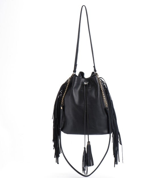 Black Shoulder Bag Leather Bucket Bag Leather Drawstring