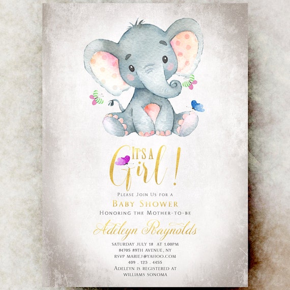 Elephant Baby shower invitation girl printable baby shower