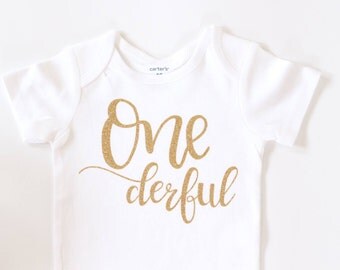 Baby Girl Clothes, ONE first birthday bodysuit, ONE derful, wonderful onesie cake smash Outfit, Gold Birthday outfit, Birthday girl