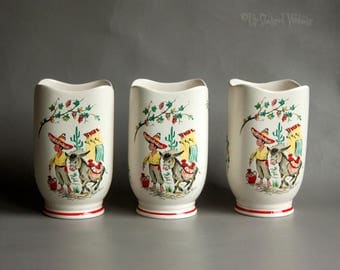 Three Vintage 1950s Crown Ducal Mexican Little Pedro & Donkey Vases