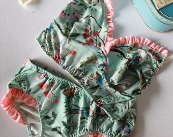 Vintage ruffle set, floral brocante summer bralette, pink and blue lingerie.