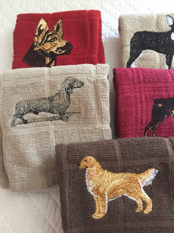 Kitchen Towels with Embroidered Dog Designs / Set of 5