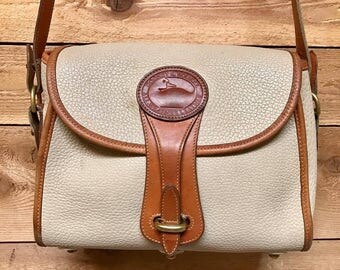 Vintage Dooney & Bourke Medium Essex Shoulder Bag Vtg Bone White All Weather Leather Designer Crossbody Handbag Made in USA