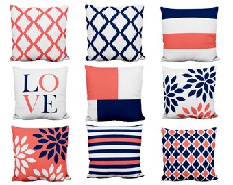 Throw Pillow Covers, Navy Coral Pillows, Love, Trellis, Color block, Cushion Covers, Accent Pillow Covers, Home Decor, Mix and Match