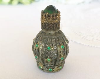 RARE Antique Perfume Bottle Dauber, Vintage Miniature Irice Green Emerald Jeweled Ormolu, Gold Filigree, Little Dram Stubby Czech Glass