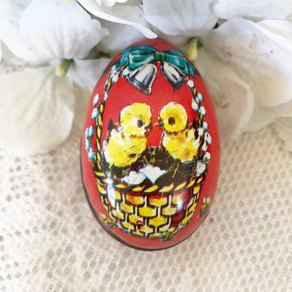 Vintage Easter Egg Candy Tin Litho Printed chick Trinket