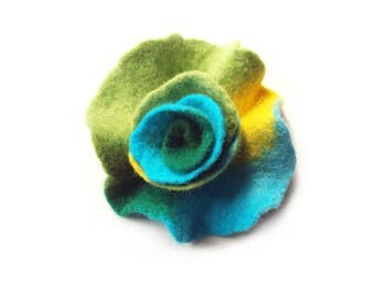 Felted flower brooch felt flower brooch flower felt green turquoise yellow wool floral brooch merino wool brooch spring boho gift OOAK