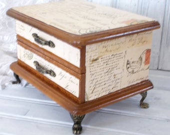 MBS Vintage Jewelry Box, Decoupaged Jewelry Box, Wood Jewelry Box