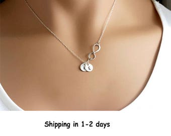 Personalized Infinity necklace, Mommy Mothers necklace Grandma Gift, Initial Silver Infinity necklace with initial discs Mothers Grandma