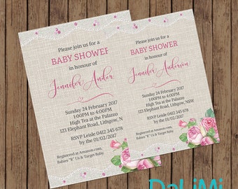 Baby Shower Invitation - Floral Shower Invitation - Burlap and Lace Invitation - Printable Invitation - Personalised - Digital File!