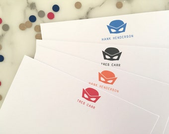 Superhero Mask Stationery - Personalized Boys Stationary Birthday Thank You Notes Set of 20 Flat Note Cards