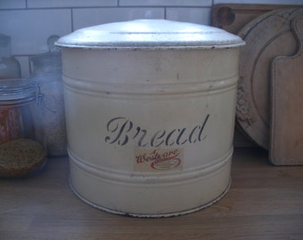 Unusual round vintage bread box, shabby cream paint bread bin