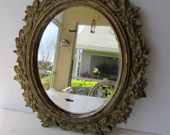 Antique Oval Plaster Mirror - Wall Mirror - Floral Design - Gold - Vintage Oval Wall Mirror - Small Oval Mirror -