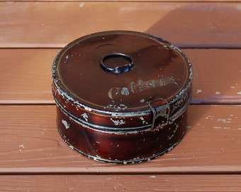 Old Collar Tin, Antique Collar Box, Old Tinware Box, Round Tin Keeper, Men's Collar Tin with Collar