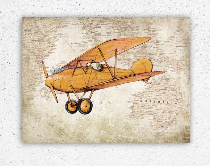 Airplane decor Nursery aviation theme print Australia map Boys nursery sepia decor Aviation Vintage style transportation poster