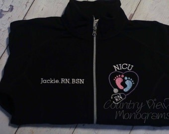 VEST-NICU Nurse Fleece Jacket with FootPrints Stethoscope -Rn Lpn zipup light weight fleece Vest with several color options-TYPEWRITER
