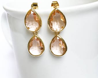 Champagne blush gold dangle tear drop earrings, wedding earrings, bridal jewelry, bridesmaids earrings, gift, sister, mother, wife