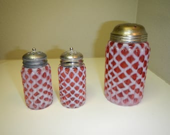 Antique Cranberry Opalescent Sugar Muffineer and Shakers