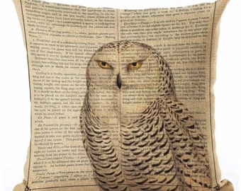 Stately Hedwig Owl on Newspaper - Pillow Cover