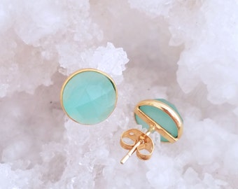 Aqua Chalcedony Post Earrings, Chalcedony Earrings, Round Chalcedony Earrings, Small Aqua Stud Earrings