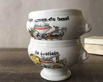 Vintage Porcelain Soup Bowls, Porcelaine de Paris, Lions Head Soup Bowls, french onion soup bowl, porcelain bowls, recipe bowls, la gratinée